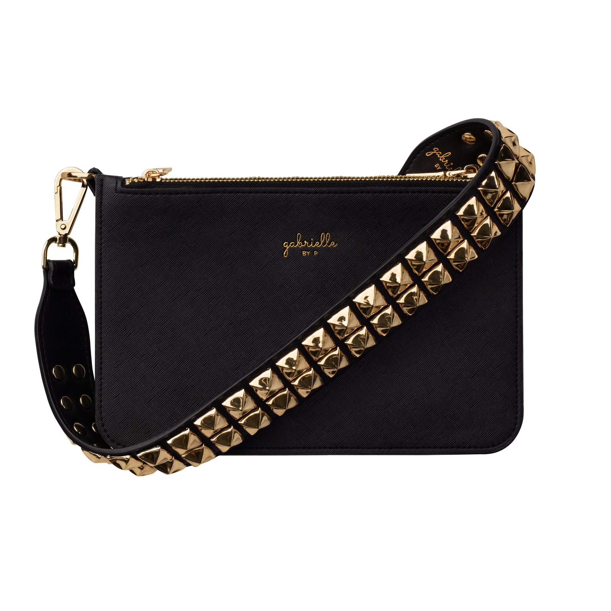 vegan black bag with golden rivets shoulder strap gabrielle by p